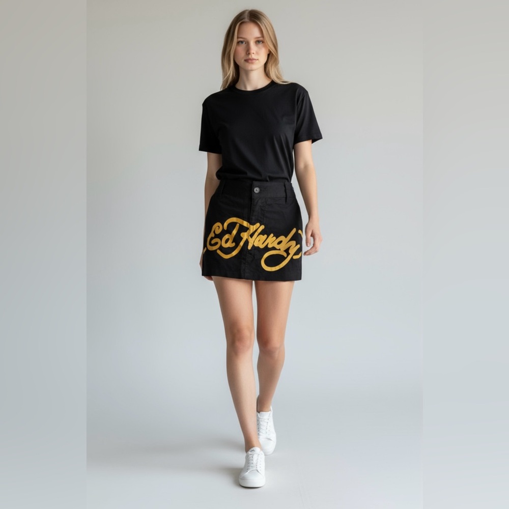 Ed Hardy Black Mini Skirt with Gold Script